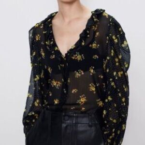 Zara black floral long sleeve sheer blouse